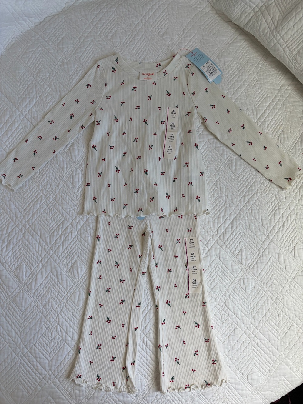 Cat & Jack Holiday Floral Cream Ribbed Matching Set Size 3T Ruffled Edges